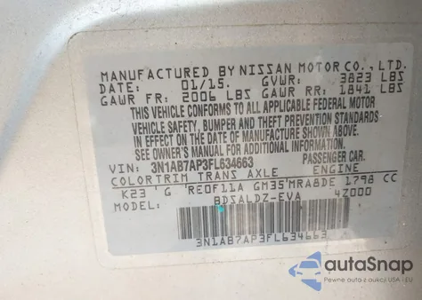 2015 Nissan Sentra Fe+ S/S/Sl/Sr/Sv из США, поврежденный, VIN 3N1AB7AP3FL634663